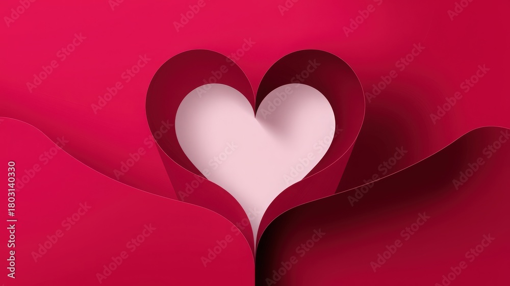 The artwork features a three-dimensional heart cut from layered paper, set against a bright pink background. The design symbolizes love and creativity, perfect for Valentines Day celebrations.