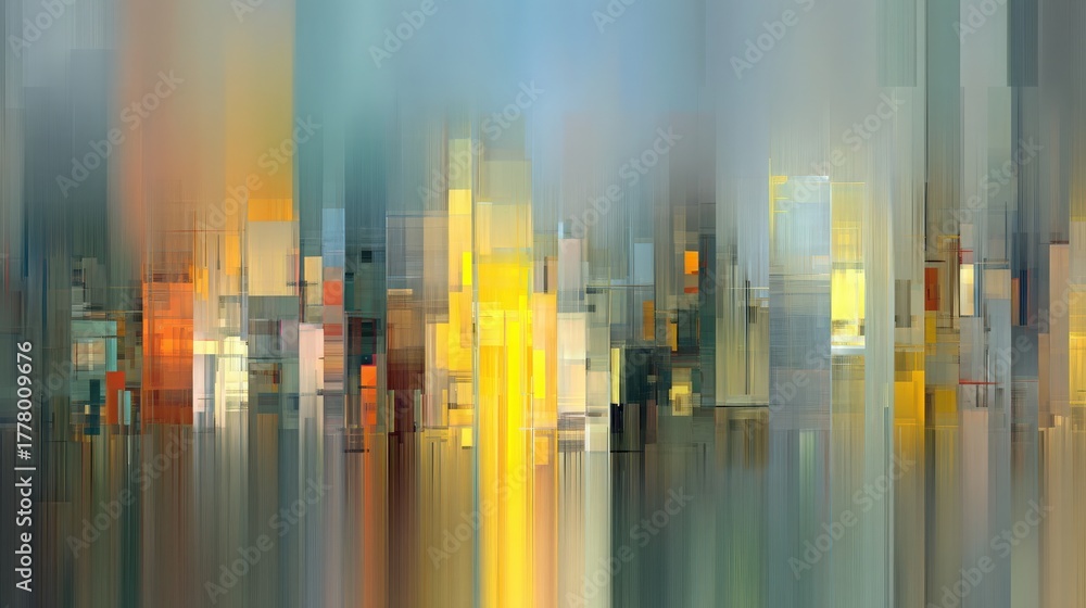 The artwork showcases a vibrant city skyline at dusk. Abstract shapes in warm colors blend together, creating a dreamlike atmosphere. The warm hues suggest a sunset, enhancing the urban scene.