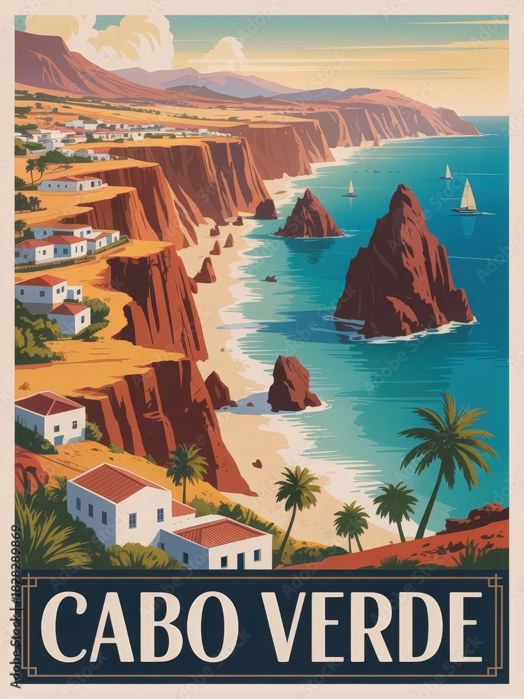 The beautiful coastline of Cabo Verde with rugged cliffs, serene waters, and small boats sailing. Green palm trees and white houses add charm to this picturesque landscape.