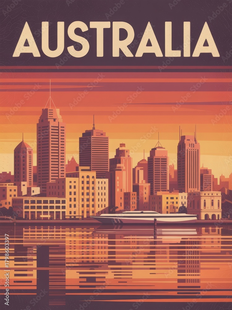 The city skyline of Australia showcases tall buildings and a colorful sunset. The golden hues reflect on the water, creating a serene atmosphere. This scene captures the beauty of urban life at dusk.