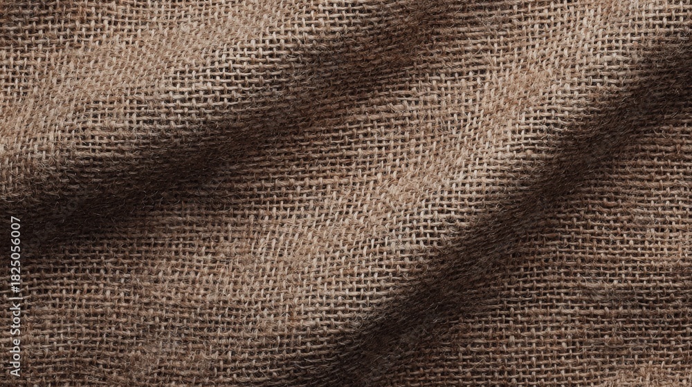 The fabric showcases a rich brown color, with a coarse weave that creates a natural texture. The folds emphasize its softness and earthy quality, making it ideal for crafts or decor.