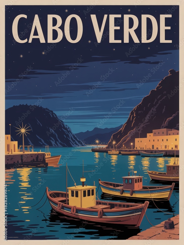 The harbor of Cabo Verde glows under the night sky, featuring charming boats floating on calm waters. Soft lights reflect off the water, illuminating nearby buildings and mountains.