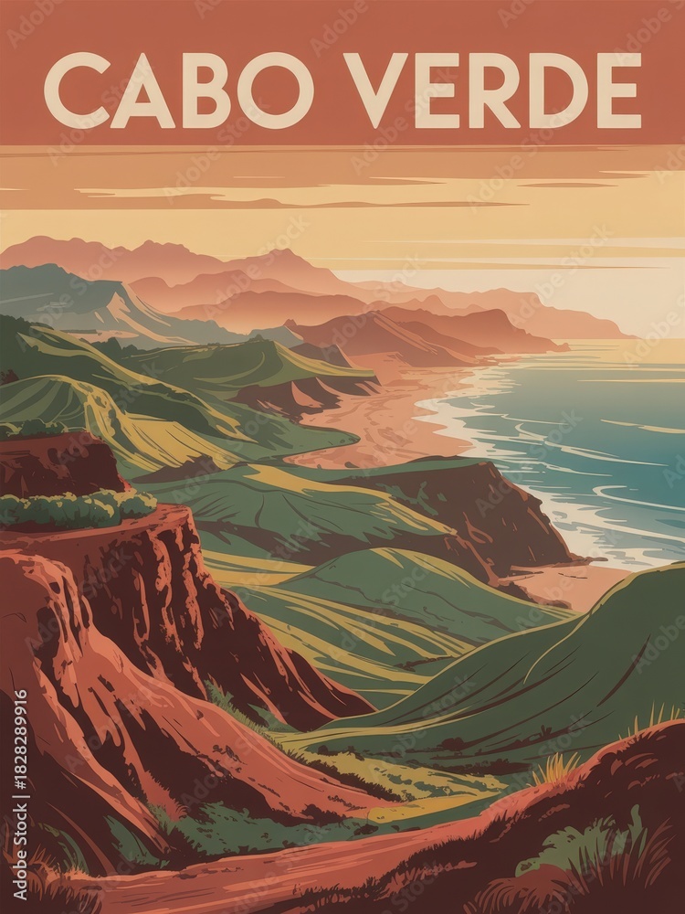 The landscape features rugged mountains and a winding coastline in Cabo Verde. The warm hues of sunset create a stunning backdrop as waves gently meet the shore.