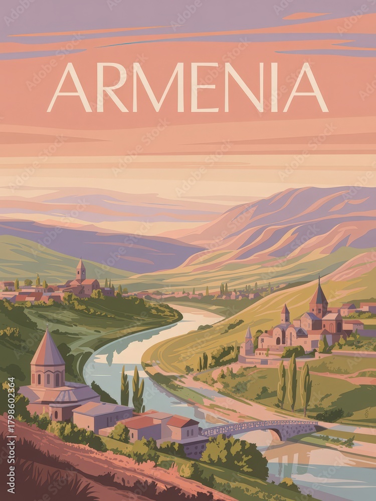 The landscape showcases rolling hills and a winding river amidst rural Armenian architecture. Soft pastel colors paint the sky during sunset, creating a serene and picturesque setting.