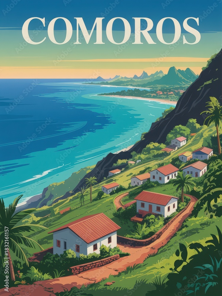The landscape showcases the beautiful coastline of Comoros, featuring vibrant greenery and charming houses. The setting sun casts warm light over the ocean, highlighting the serene atmosphere.