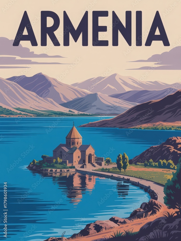 The peaceful scene shows a beautiful monastery situated on an island, surrounded by tranquil waters. Mountains rise in the background, highlighting the serene landscape of Armenia.