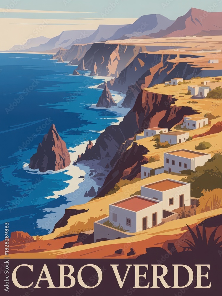 The scene captures a stunning coastal view of Cabo Verde, featuring rocky cliffs beside a deep blue ocean.