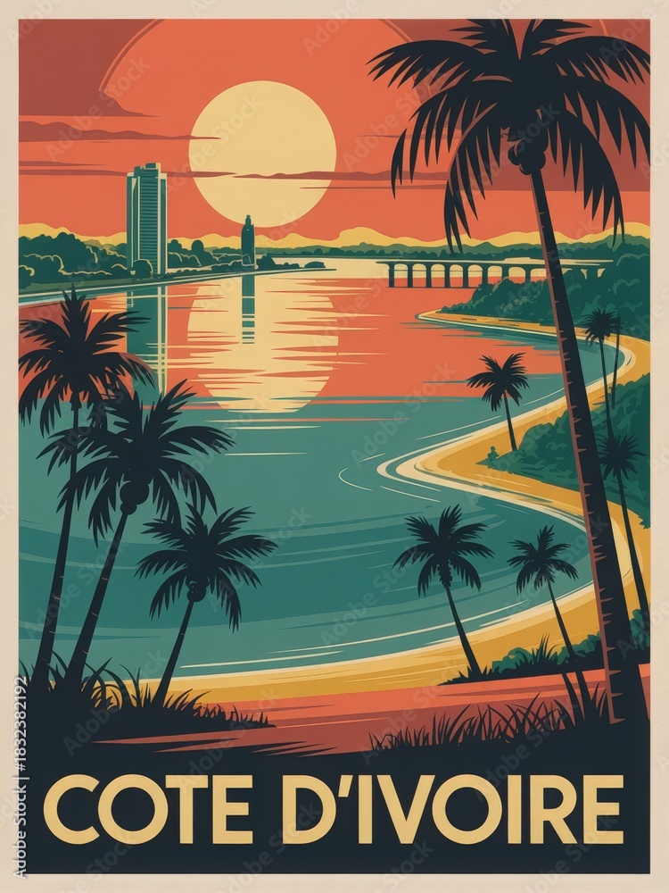 The scene captures a vibrant sunset on the coast of Cote dIvoire. Silhouetted palm trees frame the beach, while city buildings and a bridge stand tall against the colorful sky.