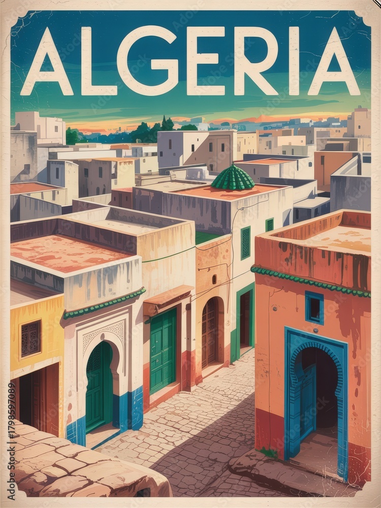 The scene captures narrow alleyways filled with charming houses in Algeria. Doorways feature a variety of colors, showcasing the rich cultural heritage of the region under a clear sky.