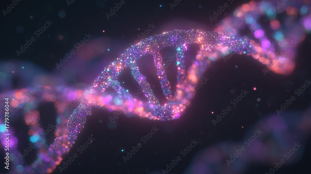 The scene depicts a vibrant, stylized representation of a DNA double helix, illuminated in bright colors. The intricate strands sparkle against a dark backdrop, creating a stunning visual effect.