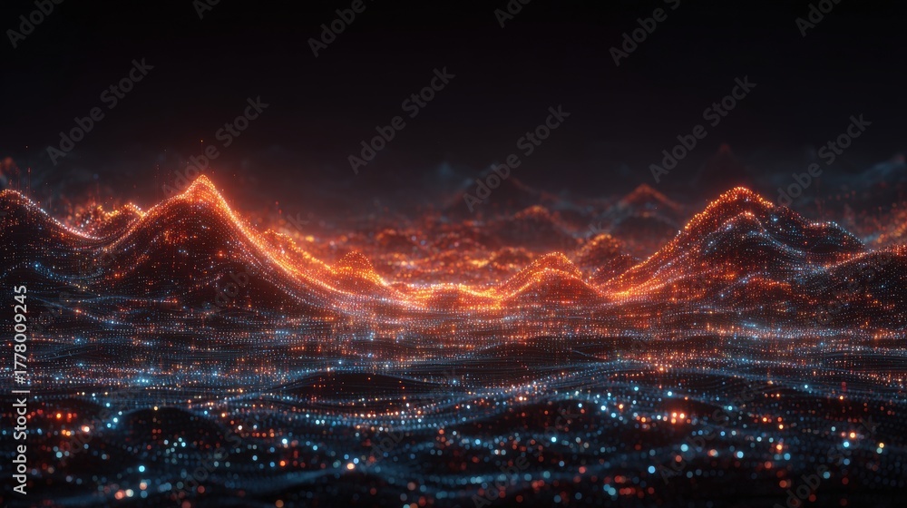 The scene features a mystical mountain range with peaks aglow in vibrant orange and blue lights.