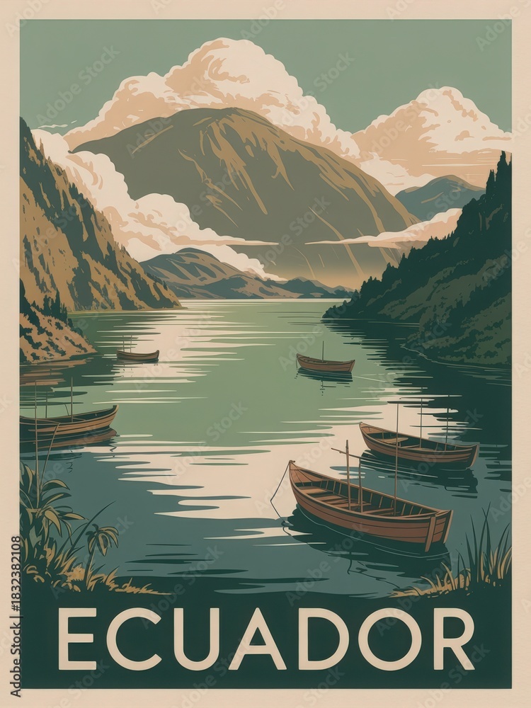The scene showcases a calm lake surrounded by majestic mountains in Ecuador. Several boats are gently floating on the water, reflecting the serene landscape under a clear sky.