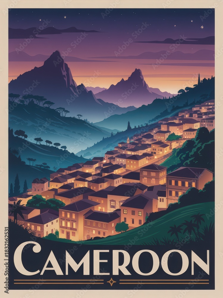 The scene showcases a charming town in Cameroon during twilight. Soft lights illuminate the houses, creating a warm glow against the darkening sky and majestic mountains in the background.