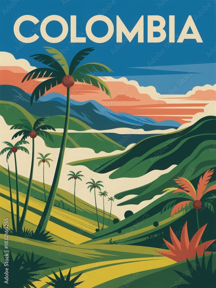 The scene showcases a rich Colombian landscape featuring rolling green hills, palm trees, and a colorful sunset sky. It captures the beauty and diversity of Colombias nature.