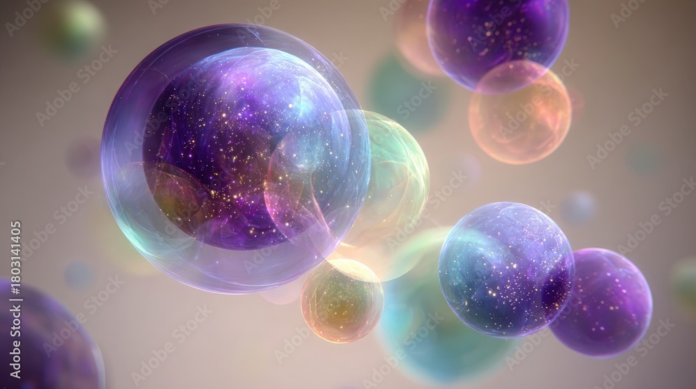 The scene showcases an array of translucent bubbles in various sizes and colors. They float gracefully against a soft, blurred background, creating an ethereal and enchanting effect.