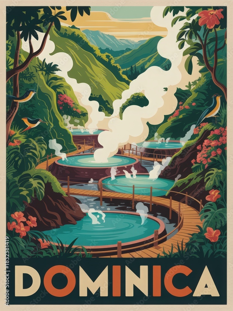 The scene showcases natural hot springs in Dominica surrounded by vibrant flowers and lush green mountains. Wisps of steam rise from the turquoise water, creating a serene atmosphere.