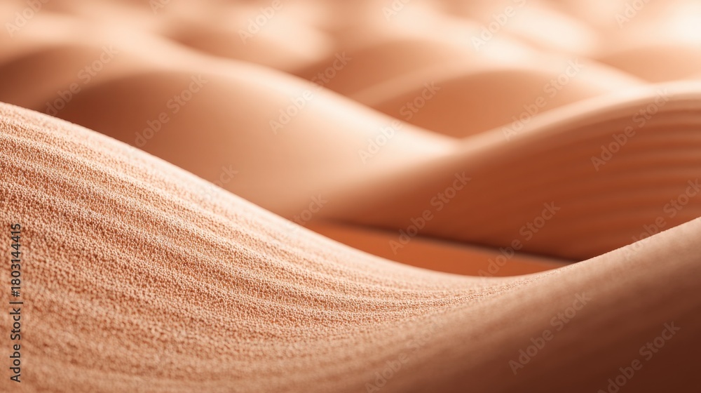 The scene showcases undulating sand dunes in a desert, gently molded by wind. The warm sunlight casts soft shadows, highlighting the curves and textures of the sandy surface.