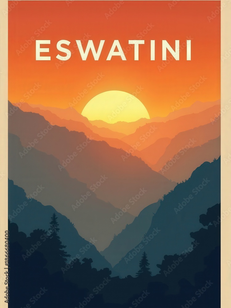 The scene shows a sunset casting bright colors over mountain ranges in Eswatini. Dark silhouettes of trees are at the forefront. The sun hangs low in the sky.