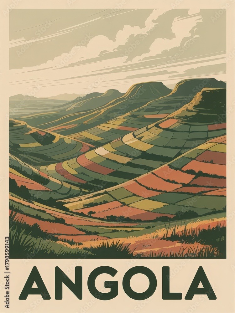 The scenery features lush green hills covered in brightly colored fields. The rolling landscape displays a beautiful tapestry of colors under a soft sky, showcasing Angolas natural beauty.