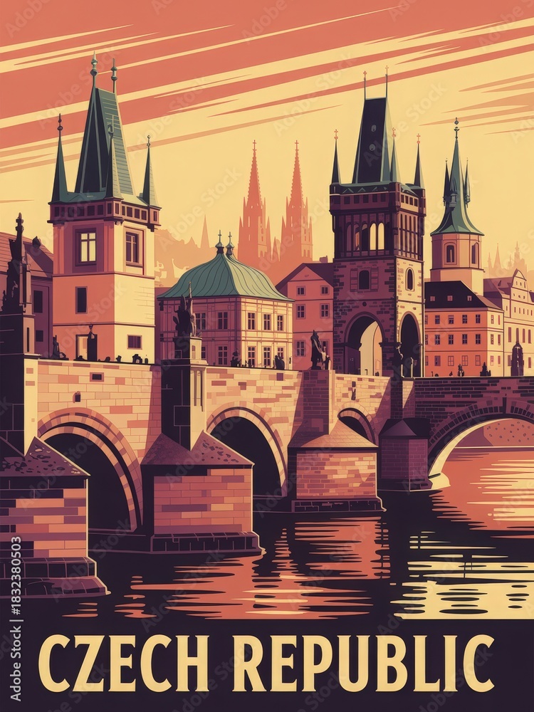 The stunning architectural beauty of Charles Bridge in Prague, with its iconic towers and historic buildings reflecting in the Vltava River during sunset.