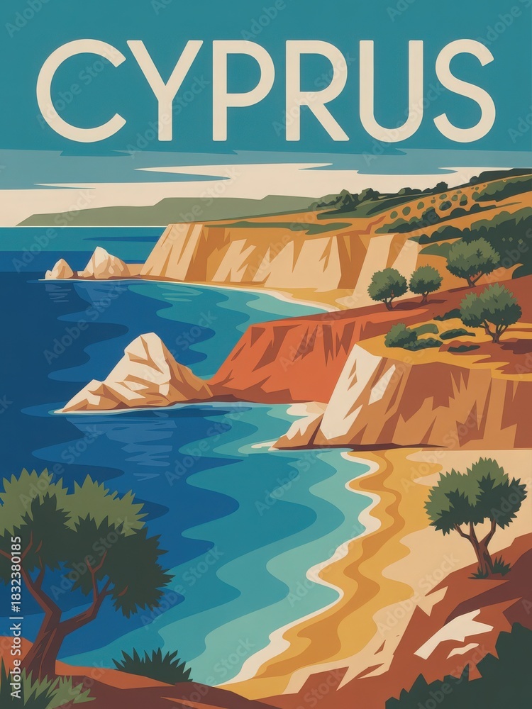 The stunning cliffs and sandy beach of Cyprus during a bright day. The clear blue water meets the rugged landscape, highlighting the natural beauty of the island.