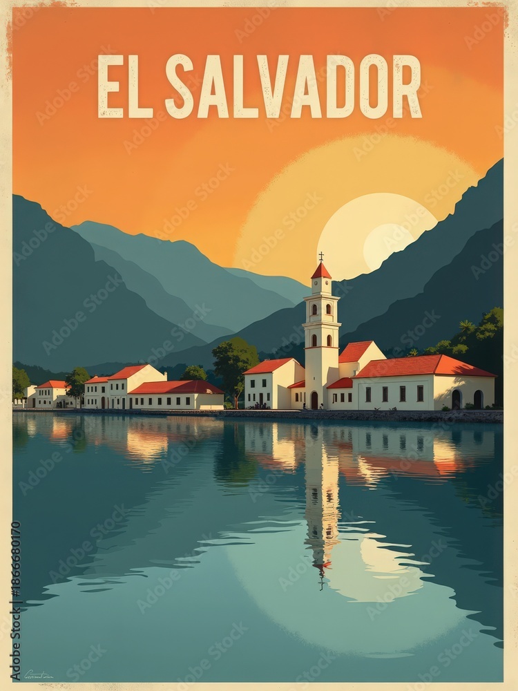 The sun sets behind mountains, casting orange light over a lake. A building with a clock tower is near the water, showing its reflection in the calm surface.