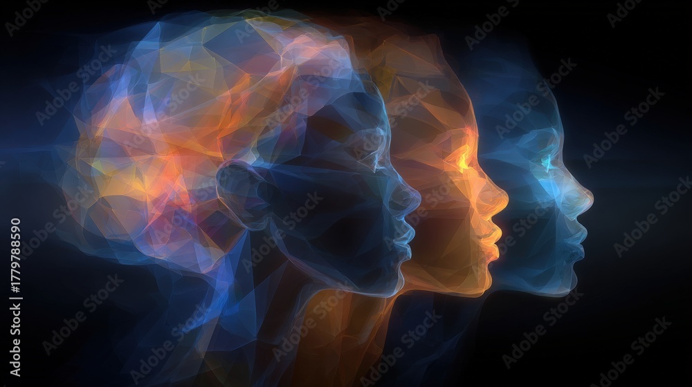 The transformation of identity through three abstract profiles. The vivid colors depict emotions and phases of introspection, evoking a sense of depth and complexity in the human experience.