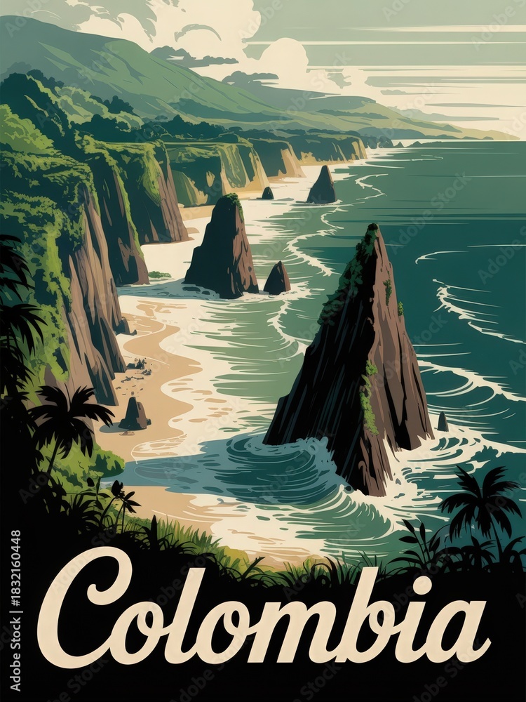 The vibrant landscape features a stunning coastline in Colombia, with steep cliffs and large rock formations jutting out from the ocean.