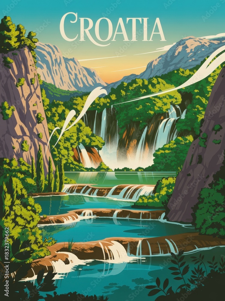 The vibrant scene showcases Croatias breathtaking waterfalls cascading into a serene lake surrounded by green hills. The sky glows with warm colors as the sun sets, enhancing the natural beauty.