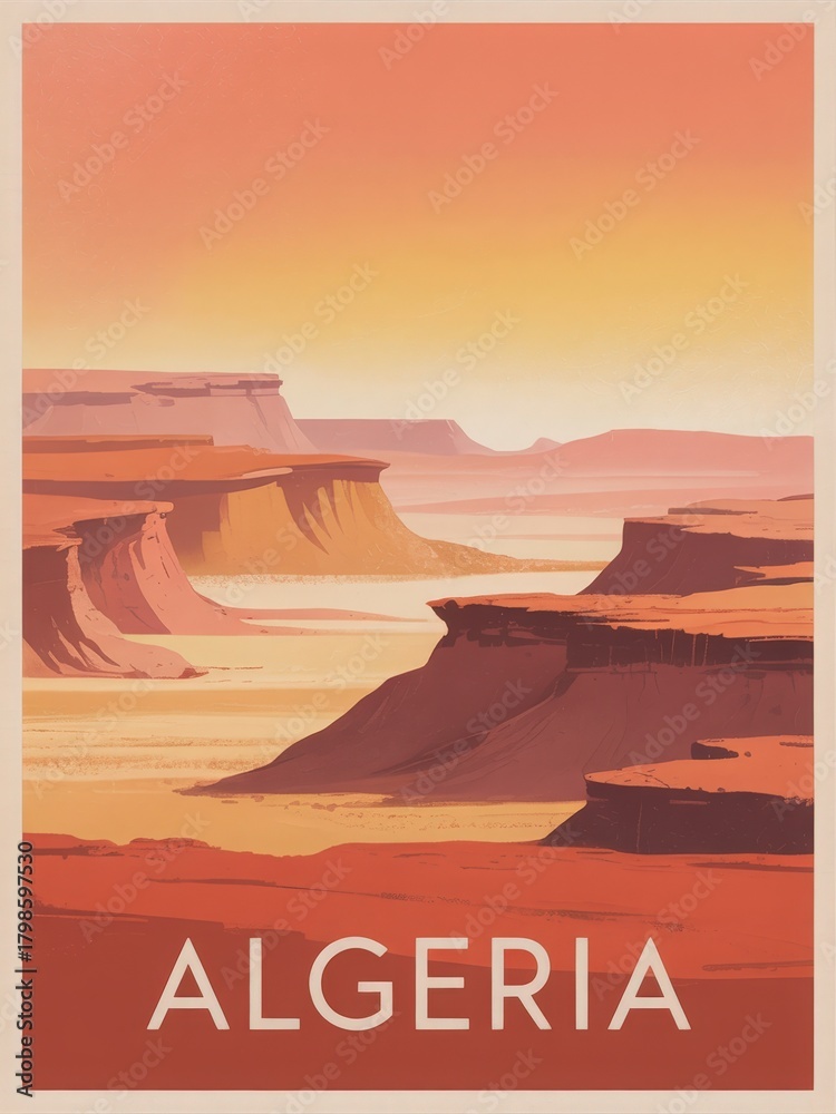 This artwork depicts a serene desert landscape in Algeria, featuring expansive plateaus and soft, warm colors typical of a sunset.