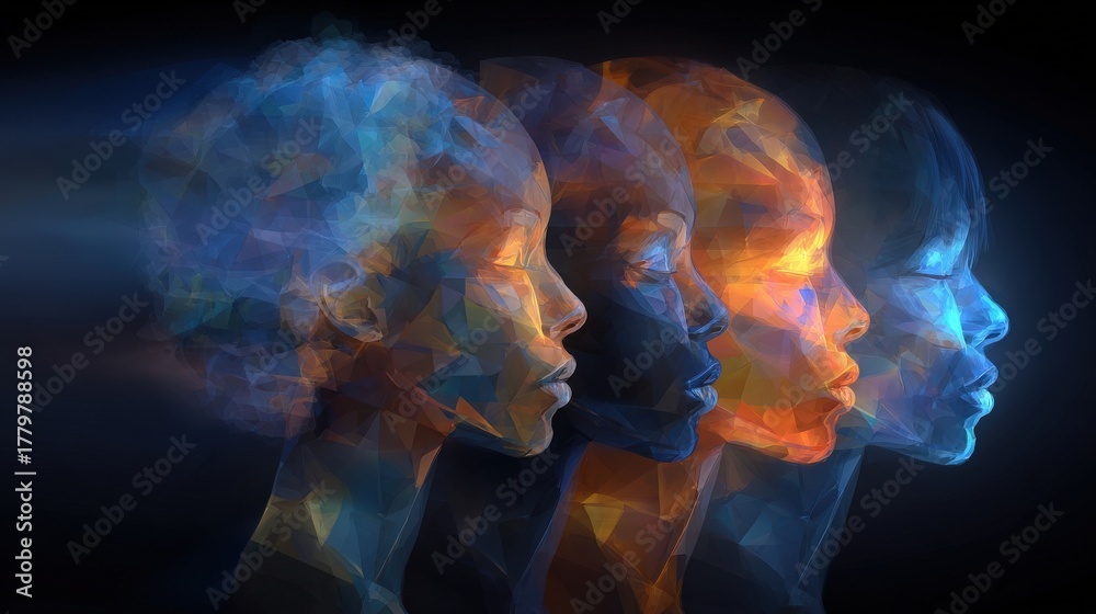 This artwork displays four stylized human profiles in various colors, representing evolution and diversity.