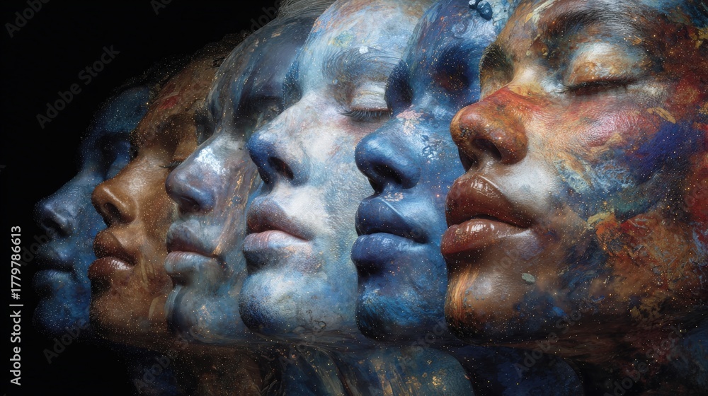 This artwork features a series of faces, each painted in different shades with intricate details.