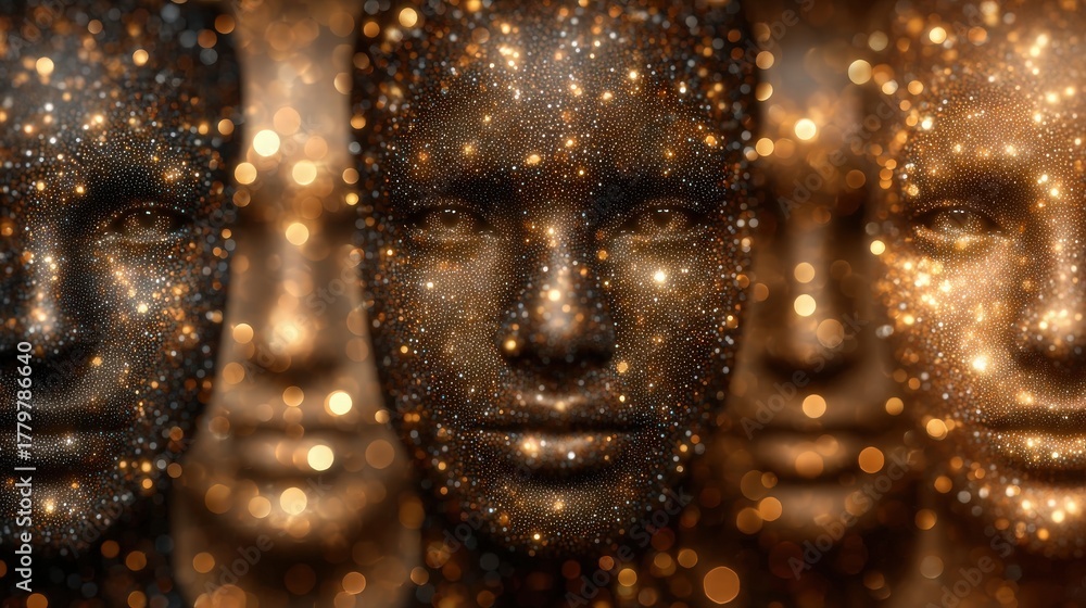 This artwork features a series of human faces, intricately designed with shimmering particles. The faces are arranged in a line, highlighting a blend of dark and light tones.