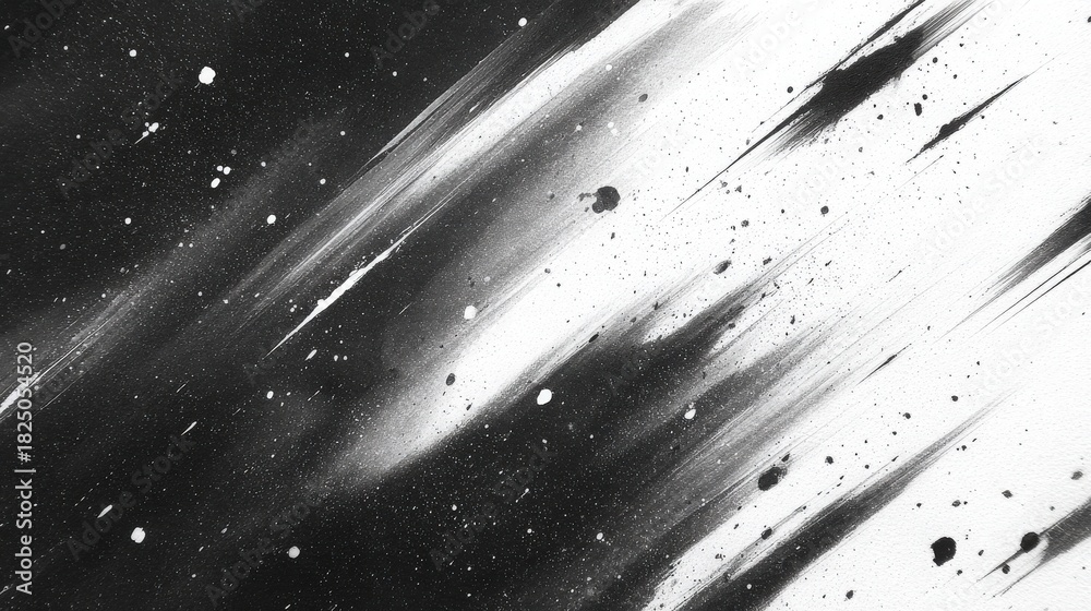 This artwork features bold black and white splashes with dynamic brush strokes. The contrast creates movement, evoking a sense of energy and creativity throughout the piece.