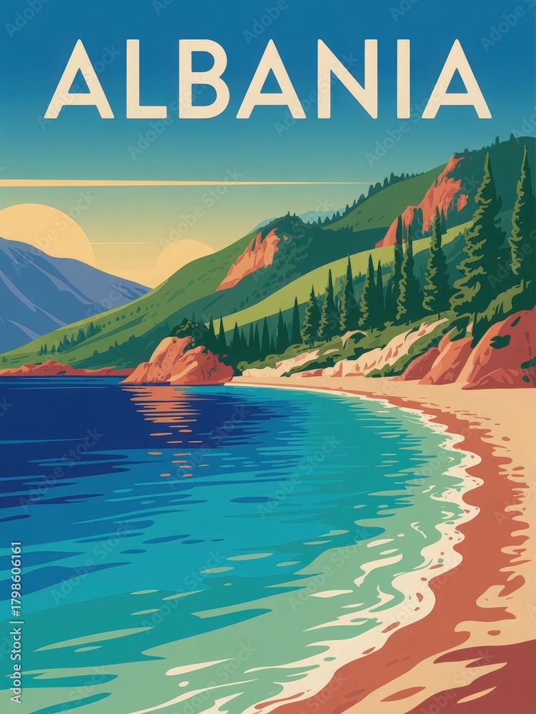This artwork showcases a beautiful beach in Albania, featuring gentle waves, lush green mountains, and a vibrant sky. The peaceful scene captures the essence of natures beauty and calmness.