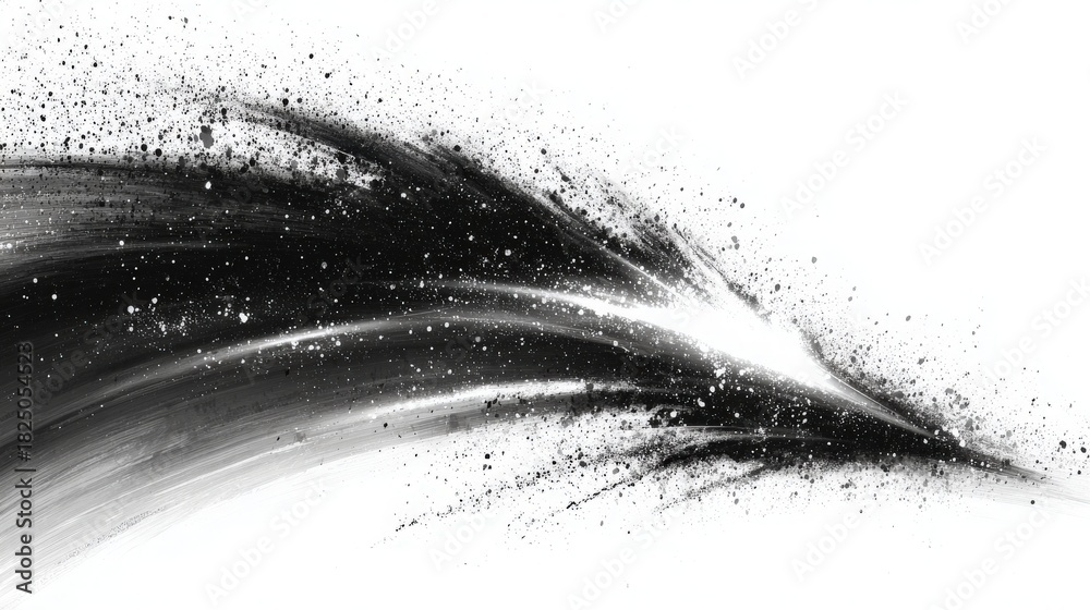 This artwork showcases a blend of black and white tones, featuring sweeping brush strokes and bursts of texture. The dynamic shapes evoke movement and energy, creating a striking visual effect.
