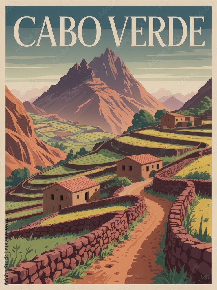 This artwork showcases the beauty of Cabo Verde, featuring terraced fields, gentle hills, and traditional houses against a backdrop of majestic mountains under a clear sky.