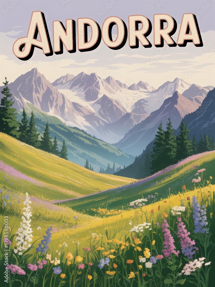 This beautiful landscape captures the stunning scenery of Andorra with majestic mountains in the background and a vibrant meadow filled with colorful wildflowers.
