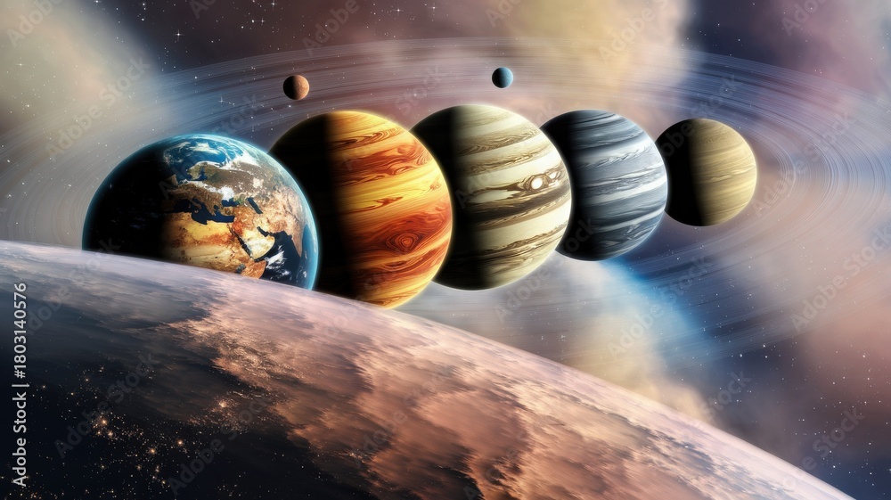 This captivating scene showcases planets in our solar system aligned with Earth visible in the foreground. The colorful planets highlight the beauty of space, surrounded by cosmic clouds.