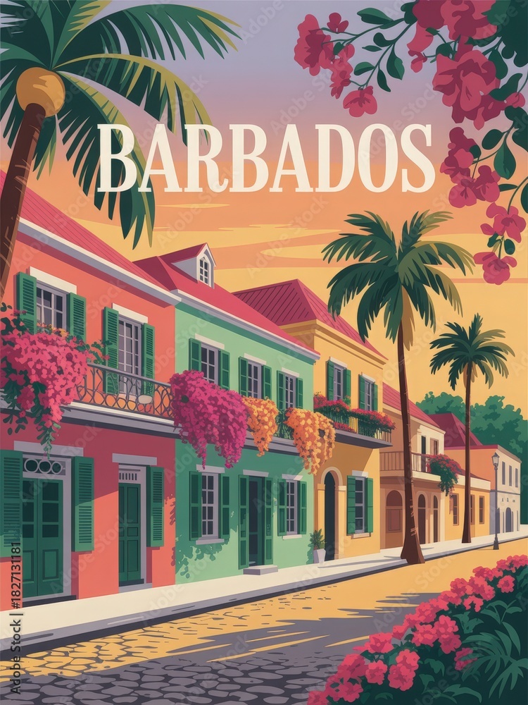 This lively street in Barbados features pastel-colored buildings adorned with lush flowers and palm trees. The warm sunset casts a golden hue, creating a charming atmosphere perfect for exploration.