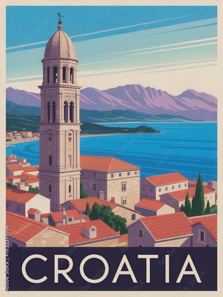 This picturesque scene depicts a coastal town in Croatia featuring historic buildings and a tall bell tower. The mountains rise in the background under a clear blue sky, with calm waters in the bay.