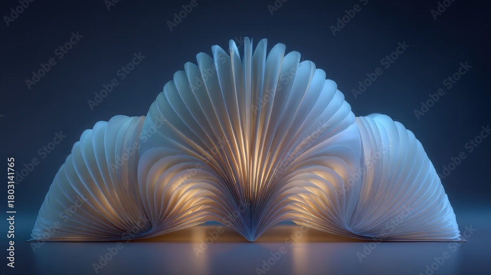 This scene features a beautiful paper sculpture made of layered pages, softly lit to highlight its intricate folds. The design creates a calm and inviting atmosphere, perfect for contemplation.