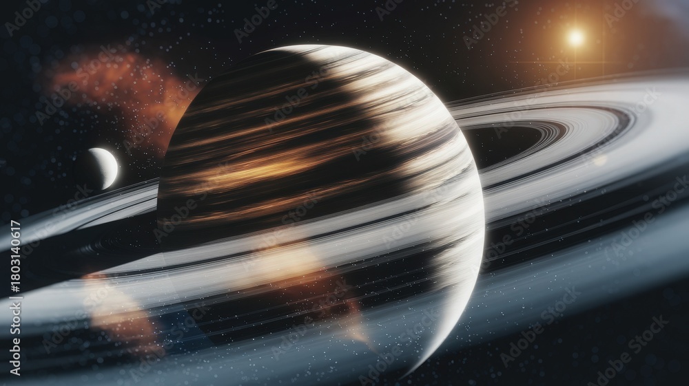 This scene features a detailed representation of gas giant planets with vibrant rings and celestial bodies nearby. The distant sun adds a warm glow, highlighting the beauty of the cosmos.