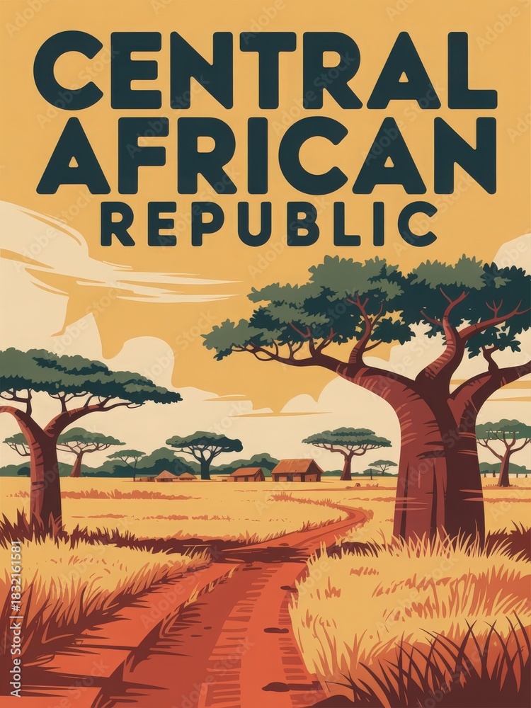 This scene features a rural landscape in the Central African Republic. A winding dirt path leads through golden grasslands, dotted with acacia trees and distant homes.