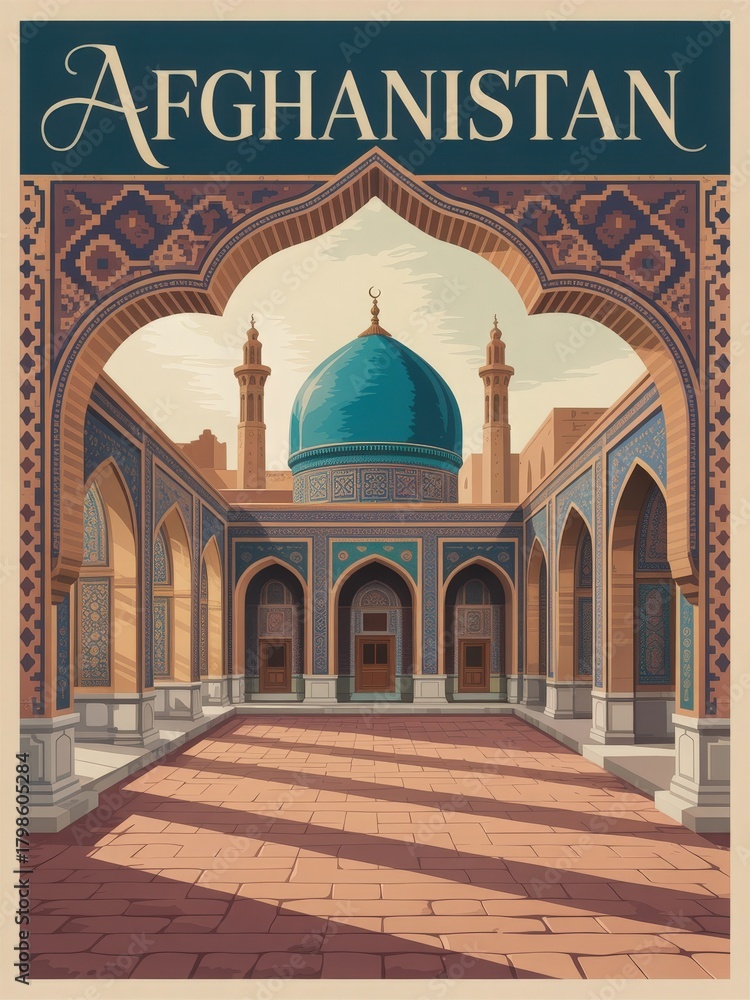 This scene features a stunning courtyard in Afghanistan, highlighting intricate tile work and a vibrant dome. The warm sunlight casts shadows on the stone floor, creating a serene atmosphere.