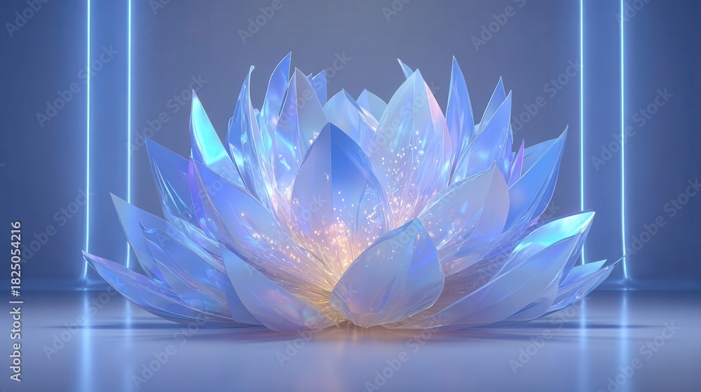 This scene features a stunning lotus flower composed of translucent petals that glow softly. It is set in a tranquil environment with blue lighting, creating a calming and ethereal atmosphere.