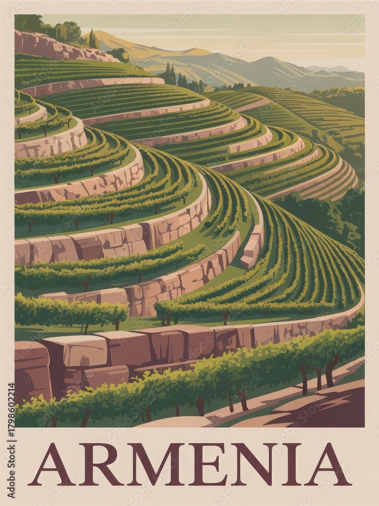 This scene features terraced vineyards in Armenia, highlighting the carefully designed layers of greenery. Mountains provide a stunning backdrop under clear skies in a serene landscape.