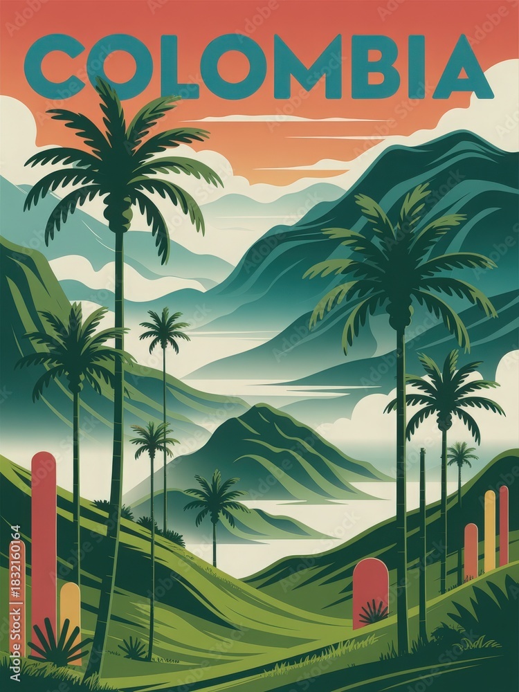 This scene showcases a beautiful Colombian landscape with lush mountains, palm trees, and a serene water body. The sky transitions from bright orange to soft green, creating a tranquil atmosphere.
