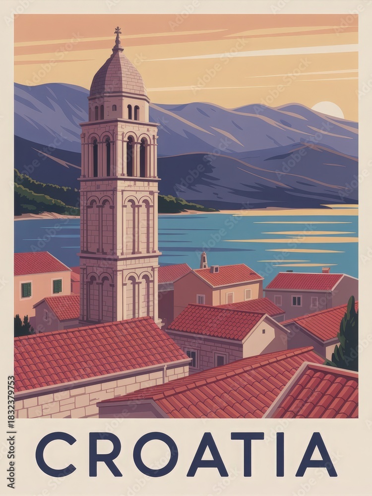 This scene showcases a charming Croatian town by the sea, with a tall historic tower standing prominently. Red rooftops line the buildings, while mountains rise in the background under a setting sun.