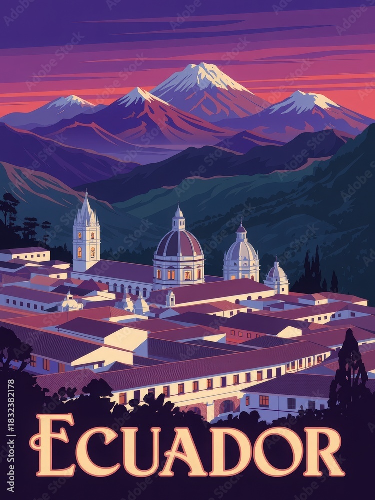 This scene showcases a picturesque landscape in Ecuador during sunset. Majestic mountains stand in the background while historic buildings with domes and spires are illuminated by colorful skies.